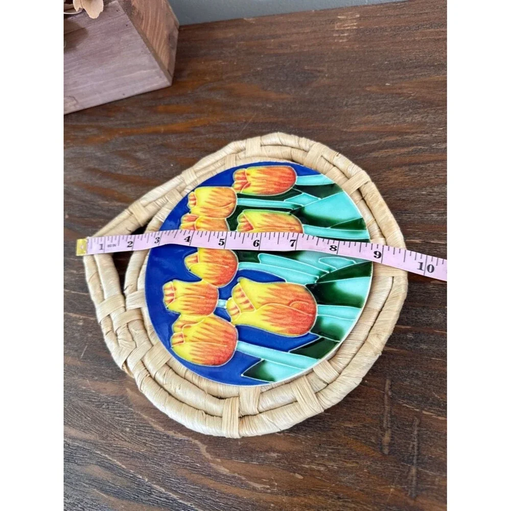 Hand Painted Tulip Tile Trivet Wicker Wall Hanging Dutch Cottagecore Kitchen